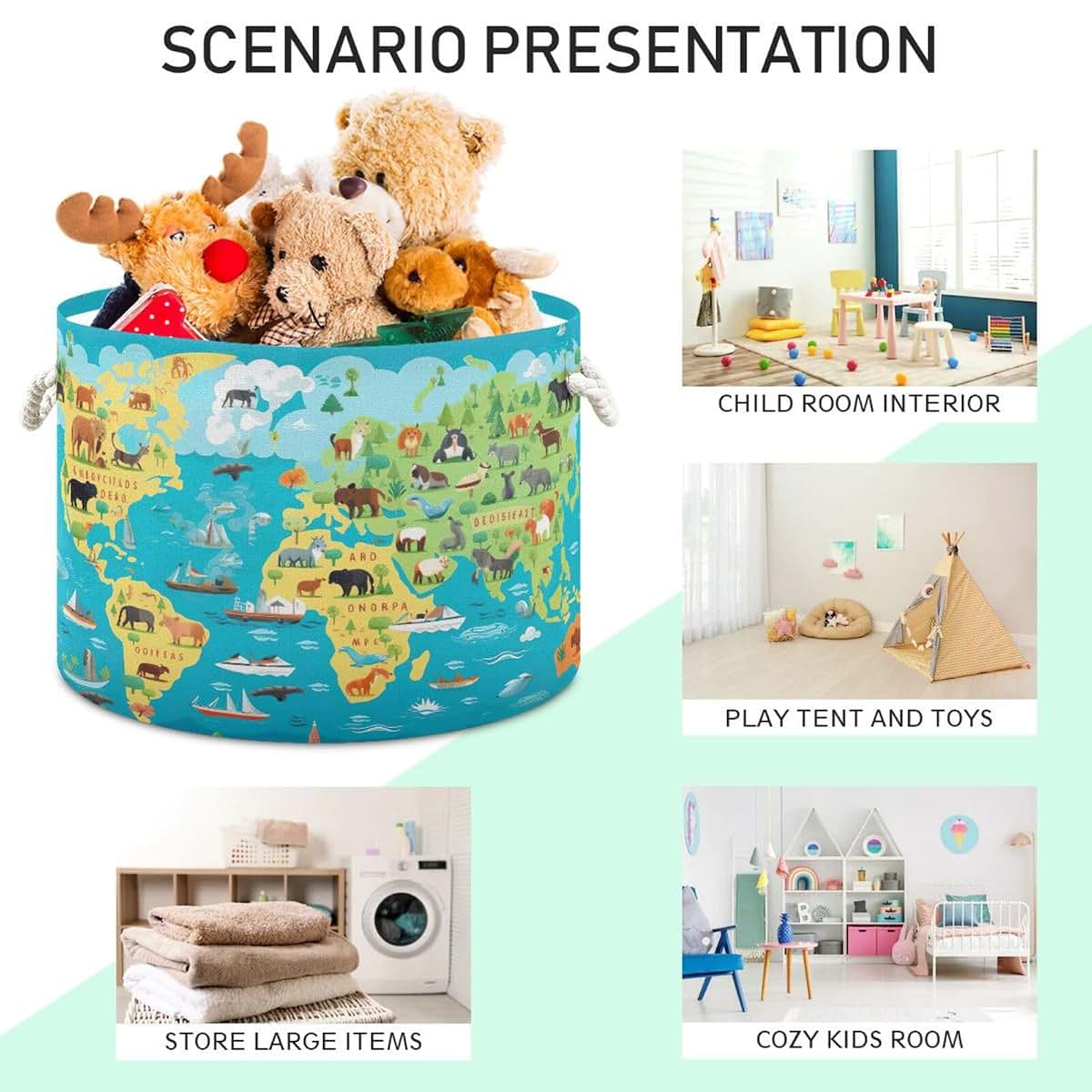 UMIRIKO Round Animals World Map Storage Basket with Handle
