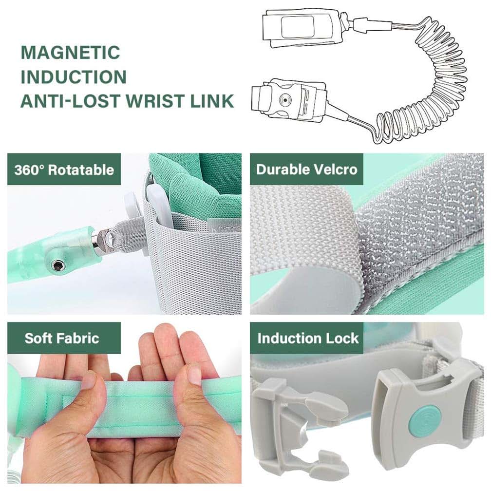 BabyOneStop Kids Anti Lost Wrist Link with Key Lock, 2 m/6.6 ft Adjustable Toddler Safety Harness, Green