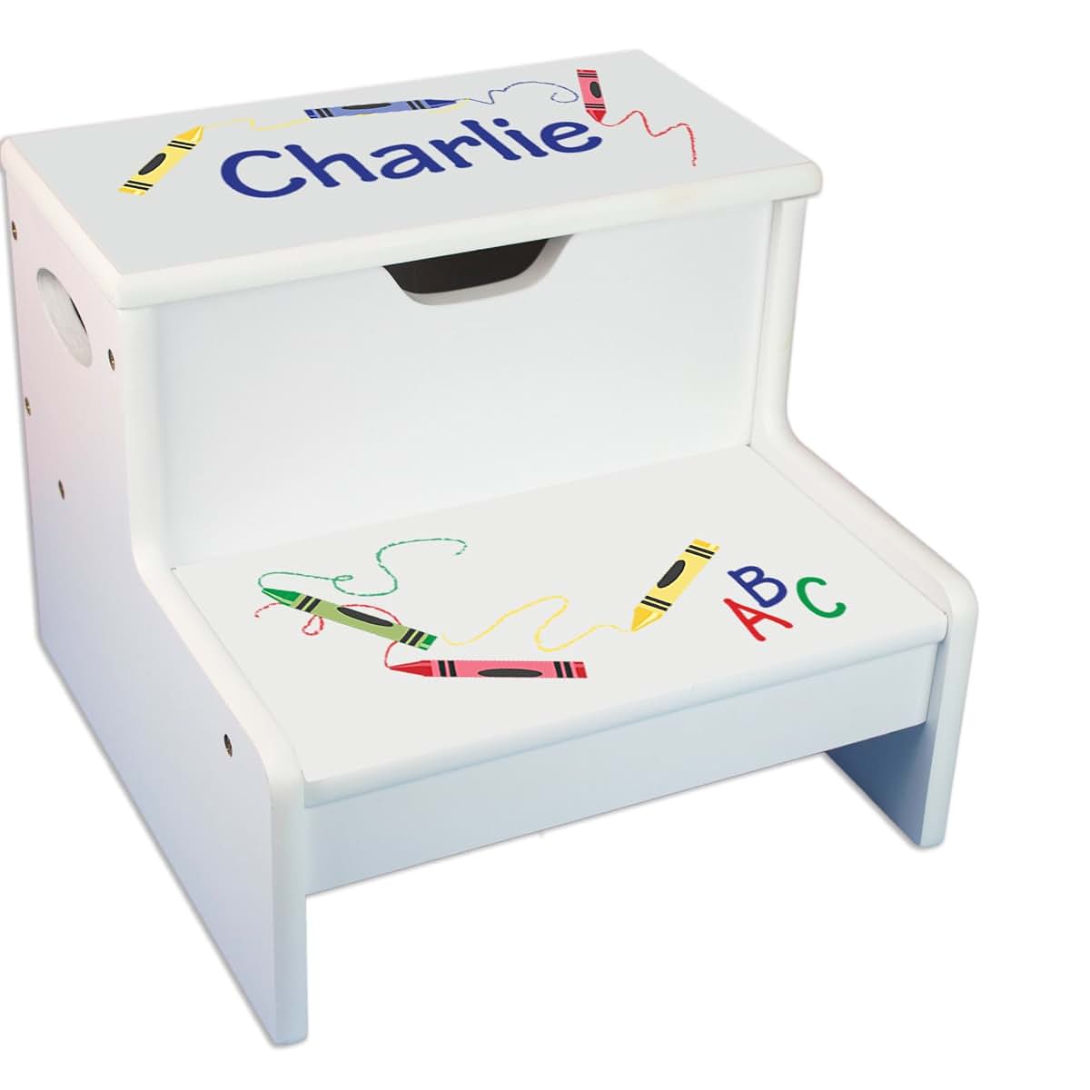 My Bambino Personalized Kids Step Stool | Crayon White Childrens Step Stool with Storage | Custom Name Toddler Bathroom