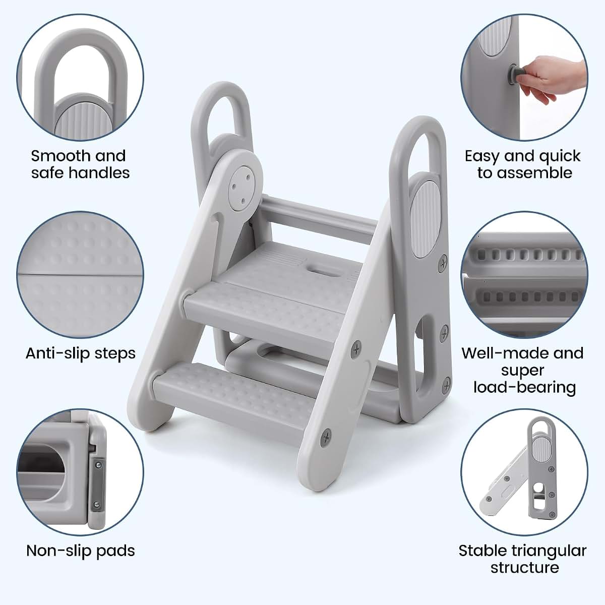 Takywep Foldable Toddler 3 Step Stool - Plastic Learning Helper, Adjustable 3 Steps Stool with Handles, Foldable with (photo 2)