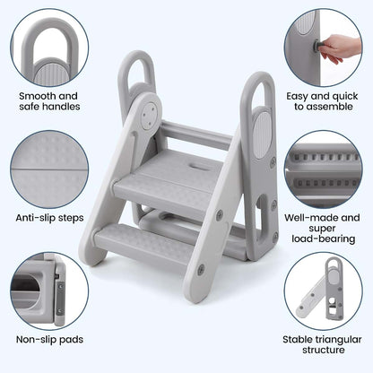 Takywep Foldable Toddler 3 Step Stool - Plastic Learning Helper, Adjustable 3 Steps Stool with Handles, Foldable with (photo 2)