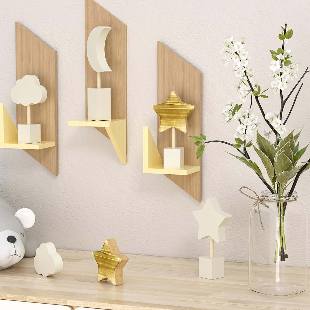 Wooden Moon and Stars Nursery Decor Set for Boho Baby Room Wall Art