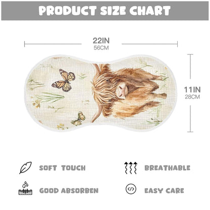 Mazeann Farm Highland Cow Butterfly Burp Cloths, 4 Pack, Cotton with TPU Waterproof Backing