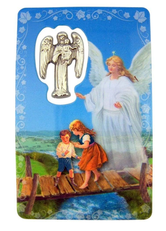 Religious Gifts Laminated Holy Prayer Card with Guardian Angel Medal, 3 3/8 Inch
