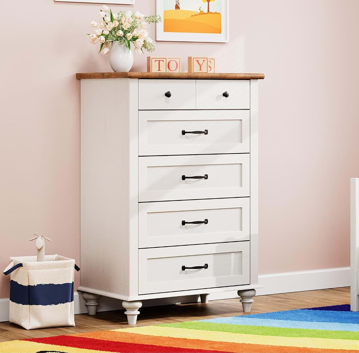 WAMPAT Kids Dresser with 5 Drawers, Engineered Wood, Off White