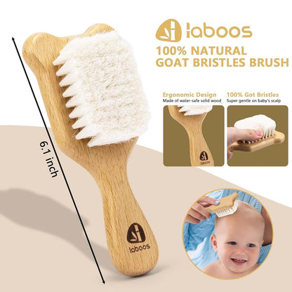 laboos Baby Hair Brush and Comb Set with Wooden Handle and Goat Bristles, Bear