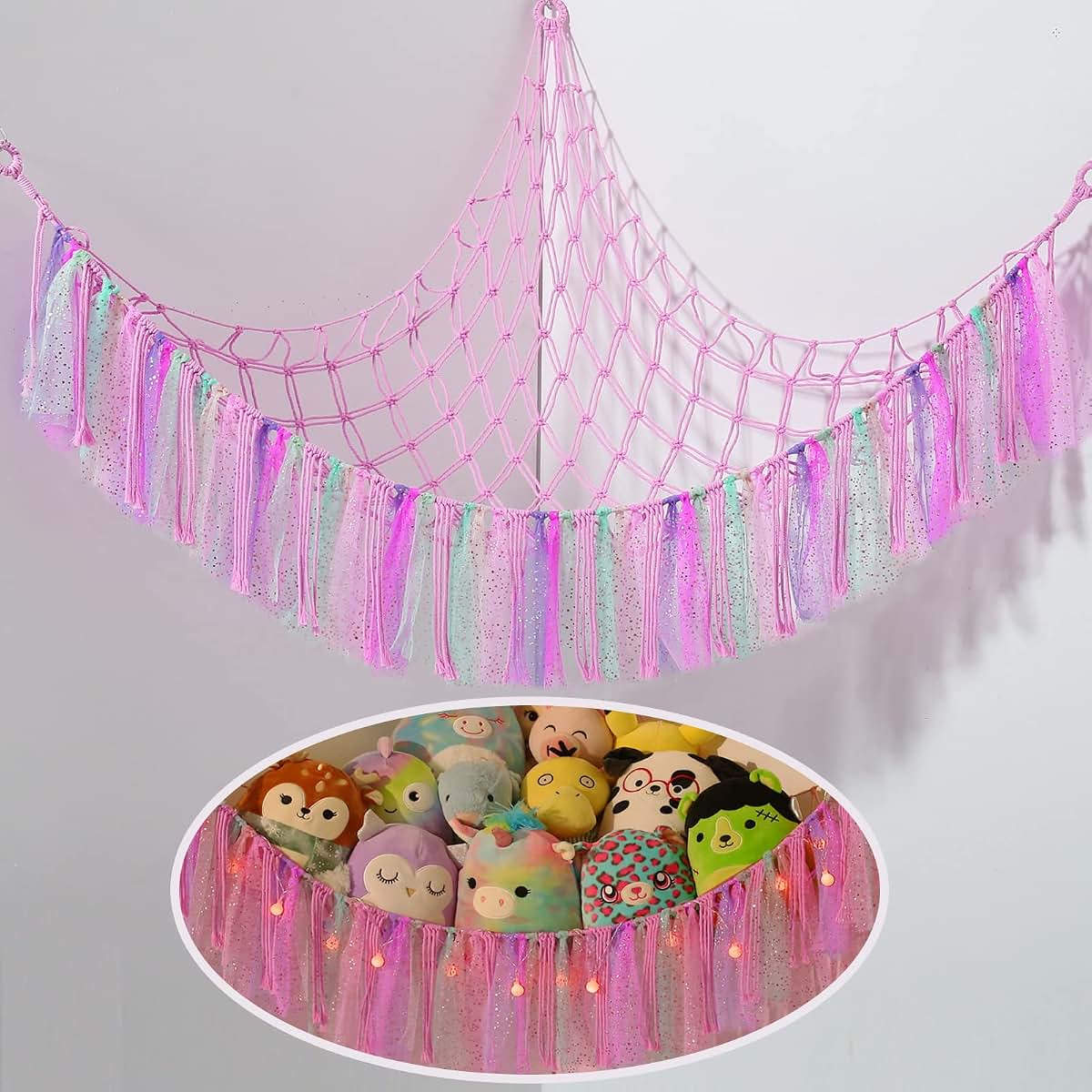 Macrame Boho Stuffed Animal Hammock, Cotton Rope, 55x42x42 Inches, Corner Hanging
