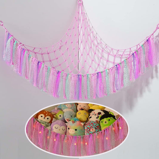 Macrame Boho Stuffed Animal Hammock, Cotton Rope, 55x42x42 Inches, Corner Hanging
