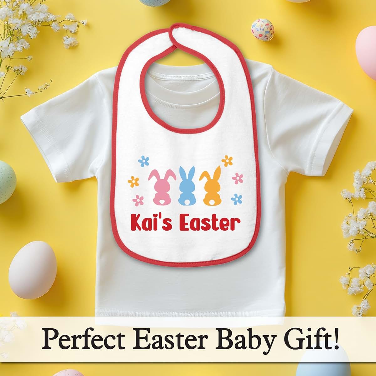 Smiling Jindo Personalized Easter Baby Bib – Pastel Bunny Trio Design with Custom Text – Soft Cotton Terry (photo 3)