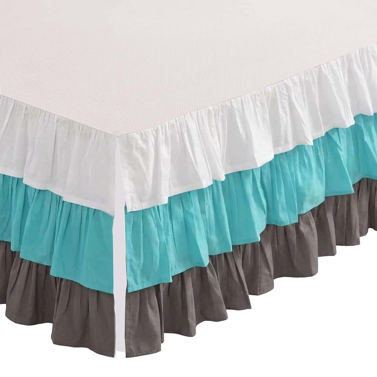Bacati - Mix N Match Solid 3 Tier Layer Bed Ruffle Crib Skirt (White/Aqua/Grey)