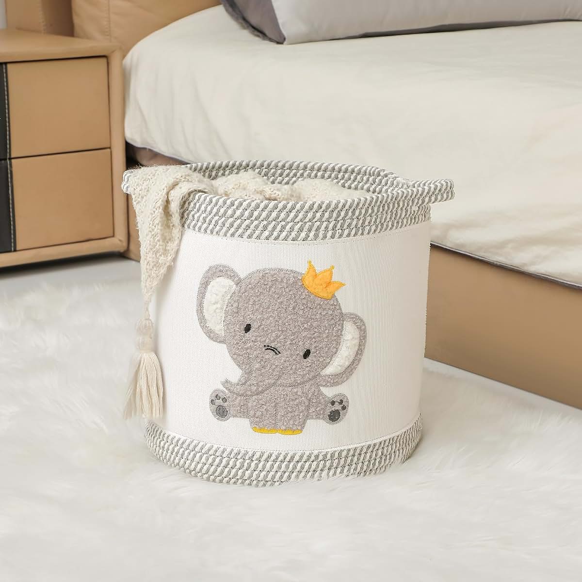 BabyOneStop Elephant Nursery Storage Basket, Woven Cotton Rope, Foldable with Handles, 11.8 Inch