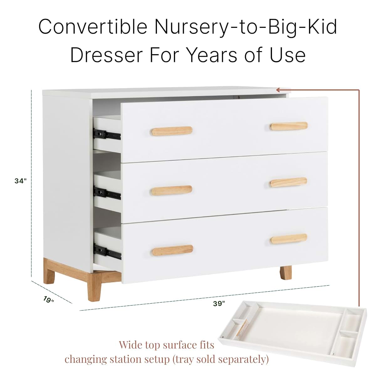 dadada LaLa 3-Drawer Compact Nursery Dresser, Deep Drawers, White/Natural