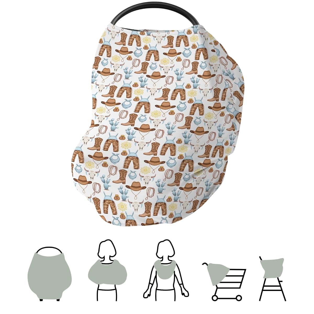 Western Cowboy Baby Car Seat Cover - 5-in-1 Canopy and Nursing Up
