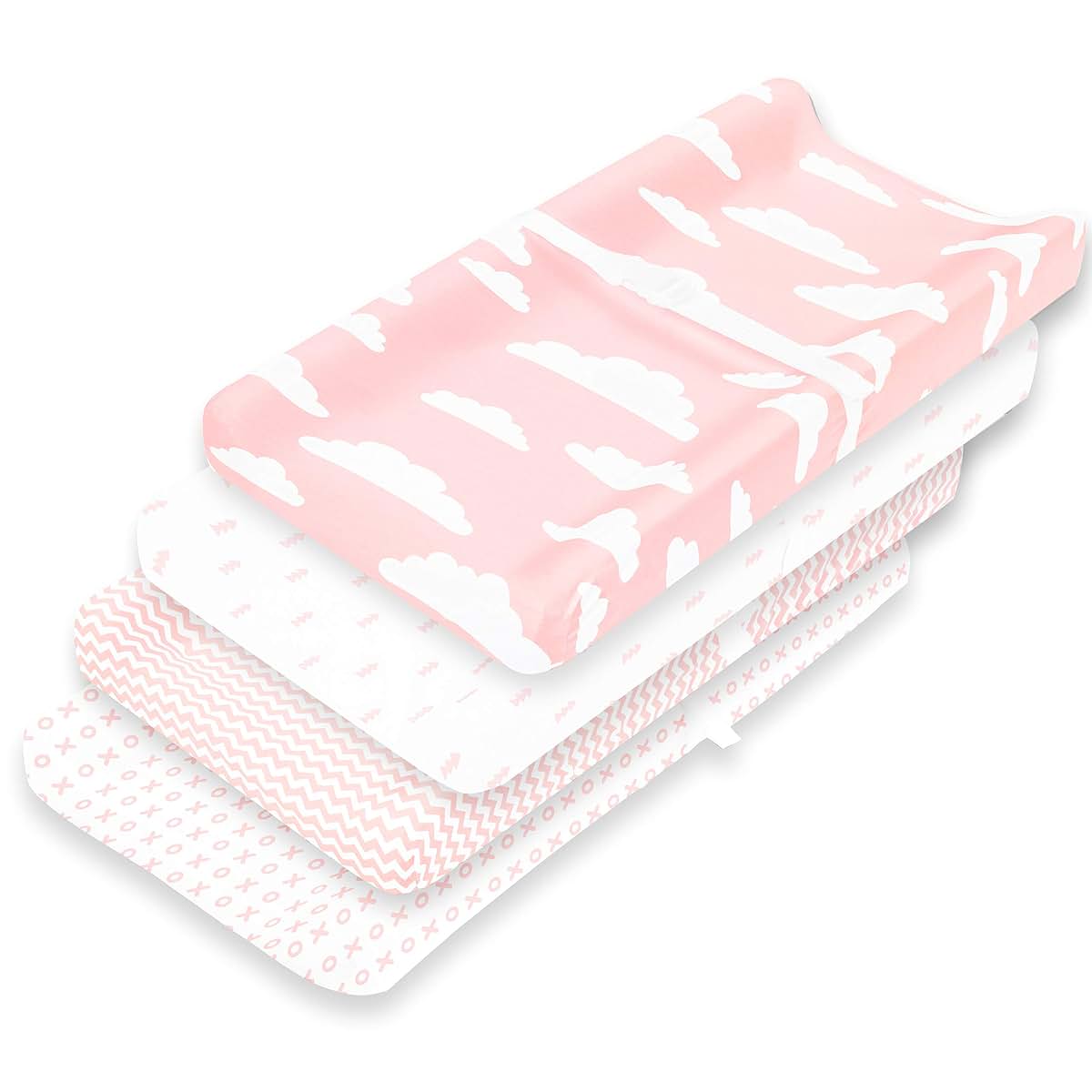 BaeBae Goods Premium Baby Changing Pad Covers 4 Pack – Girl – Pure Cotton Machine Washable Pink and White Changing