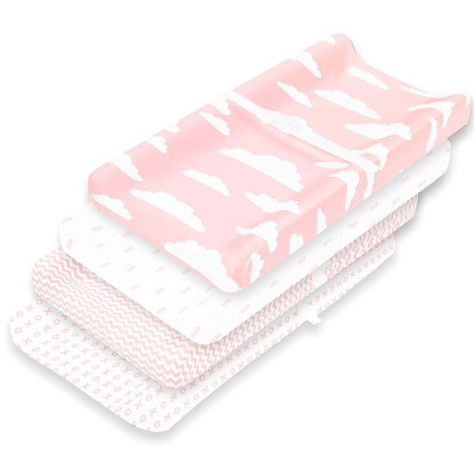 BaeBae Goods Premium Baby Changing Pad Covers 4 Pack – Girl – Pure Cotton Machine Washable Pink and White Changing