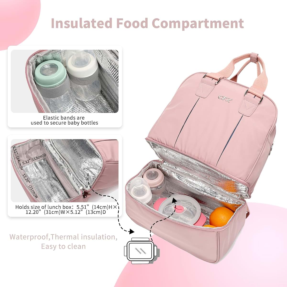 CFX diaper bag， Keep food separate from supplies，Lightweight baby bag for mom，diaper bag backpack（Pink） (photo 2)