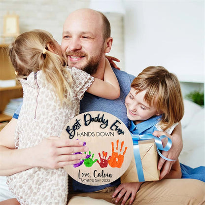 Wellhoope Personalized Best Dad Ever Hands Down Sign DIY Father and Child's Handprint Wood Plaque Father's Day Birthday