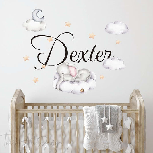 BabyOneStop Personalized Kids Name Watercolor Sleeping Elephant Wall Decals