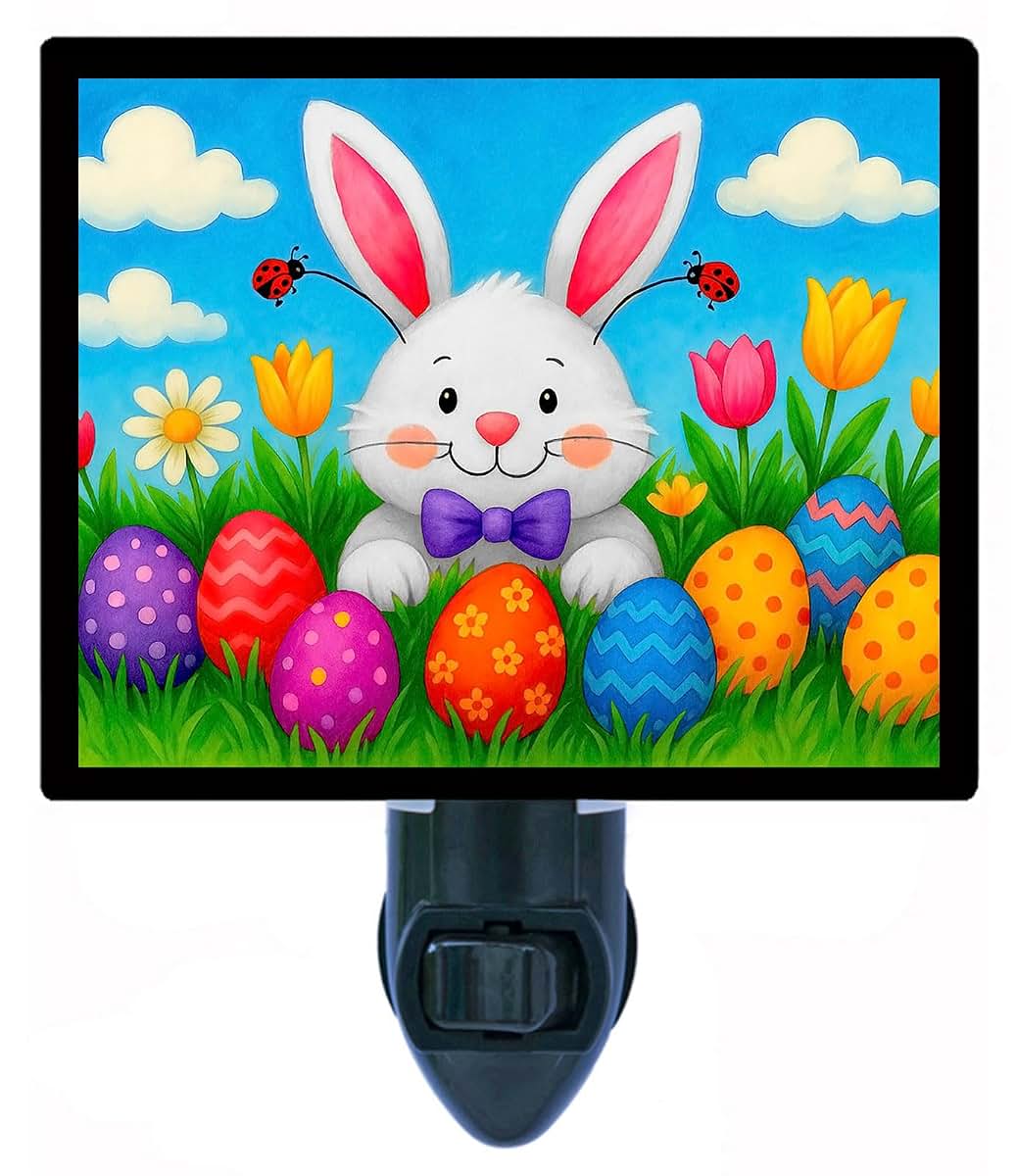 Night Light Designs Egg Garden Horizontal Night Light – Easter Bunny and Egg Design, Fully Enclosed, Rotating Plug