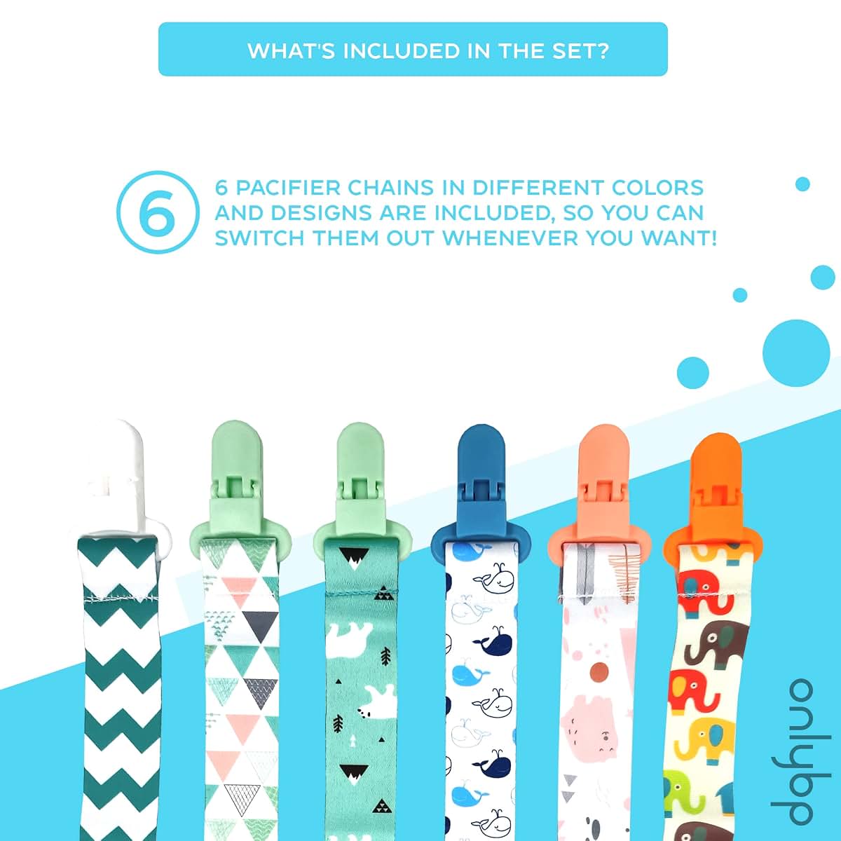 OnlyBP Set Of 6 Baby Pacifier Holder Clips With Modern Unisex Prints (photo 2)