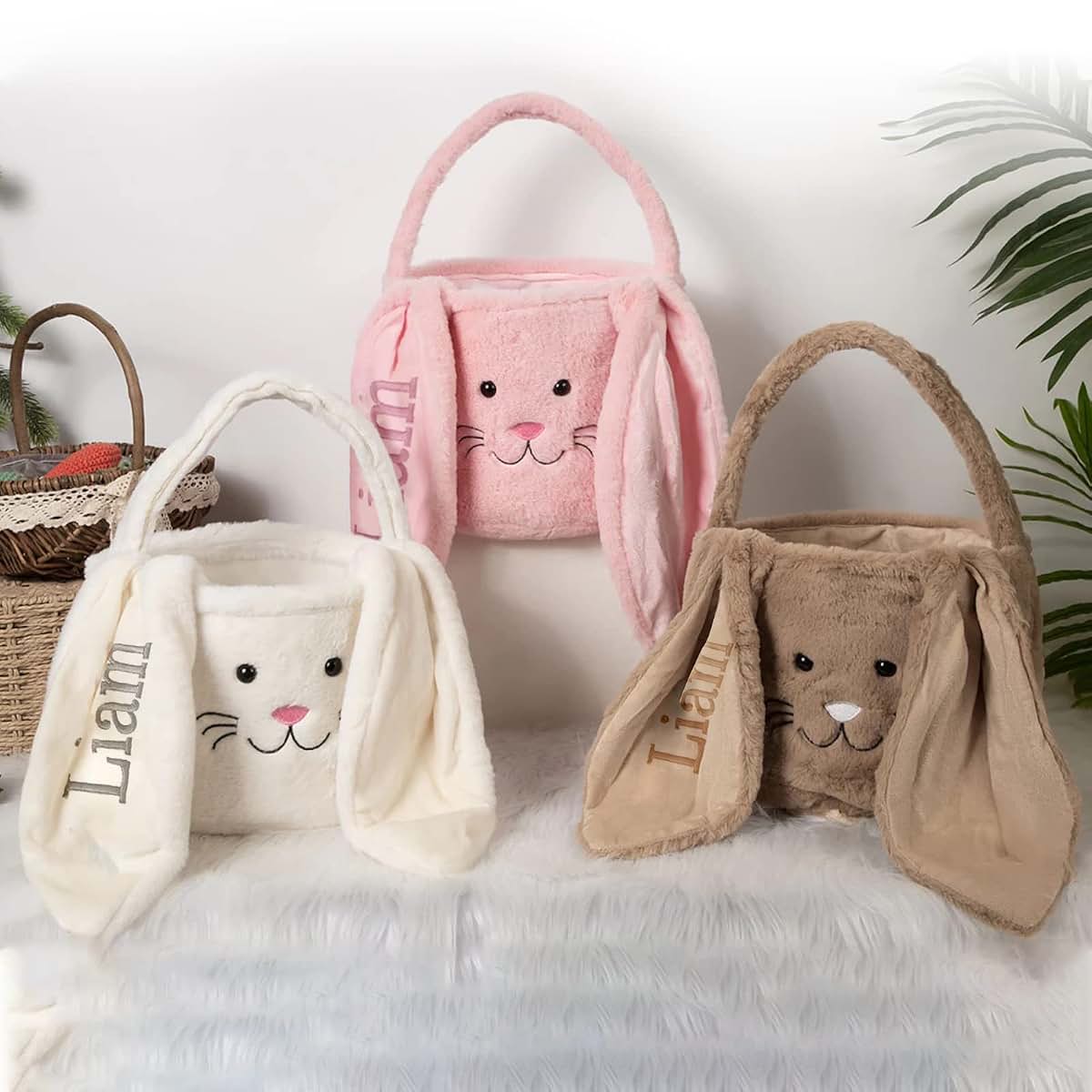 shiguangji Personalized Bunny Easter Basket, Fur Easter Basket with Name, Plush Easter Bucket, Bunny Face Tote, Kids (photo 3)
