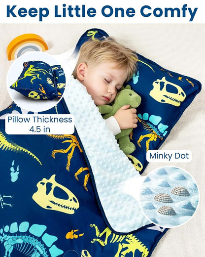 Beavtaens Toddler Nap Mat with Pillow and Blanket, 55" x 22" Roll-Up Sleeping Mat, Dinosaur