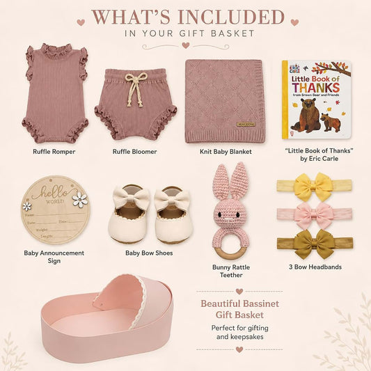 Beyond The Box New Baby Girl Gift Basket Set In Bassinet-Shaped Box