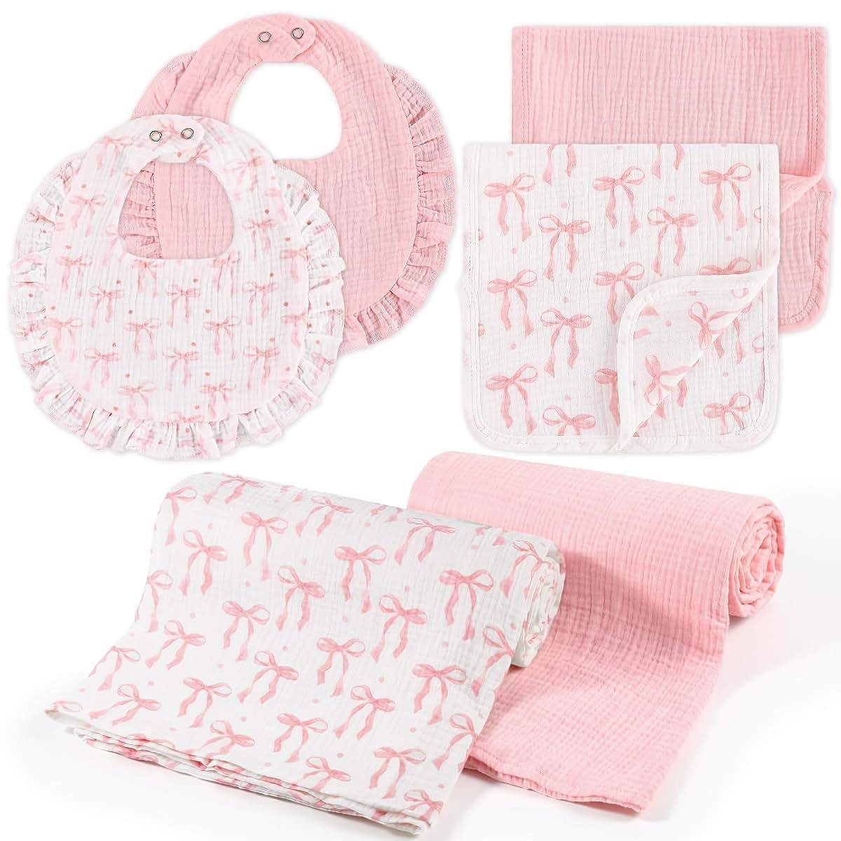 CrystalSylara Pink Bow 6 Piece Muslin Baby Gift Set with Swaddle Blankets, Burp Cloths and Bibs