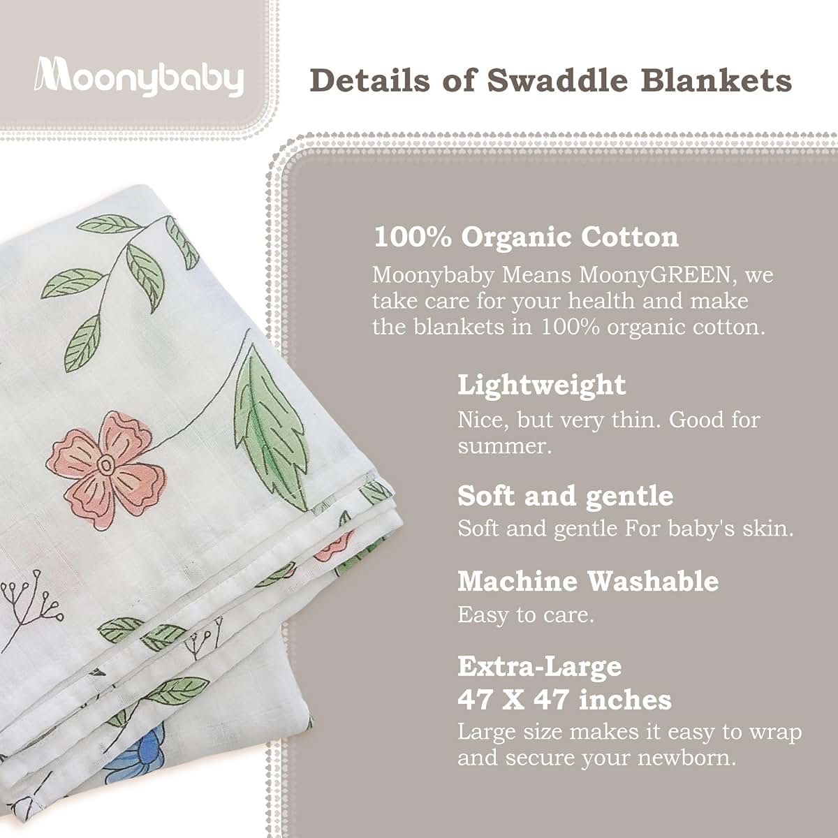 Moonybaby Organic Cotton Swaddle Blanket for Newborn and Toddlers