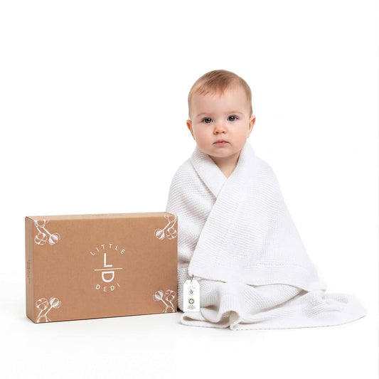 Little Dedi Organic Cotton Baby Blanket 30x40 in, White – GOTS Certified, Soft Knit Swaddle with Gift Box, Breathable