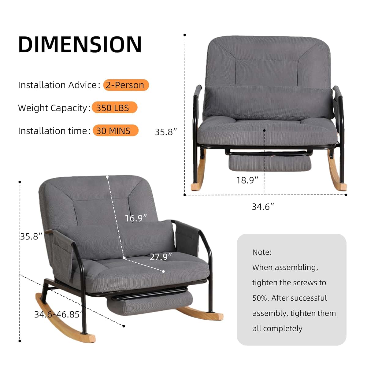 Chistronger Oversized Reclining Rocking Chair with Foot Rest, Grey Corduroy Upholstered Armchair for Nursery
