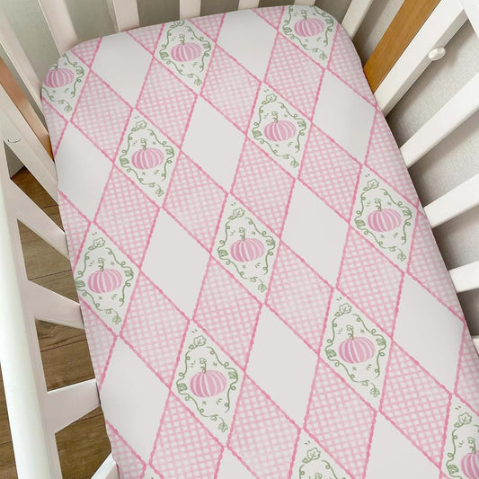 Selgkds Fall Pink Pumpkins Bows Gingham Baby Crib Sheets for Boy Girl Autumn Thanksgiving Harvest Soft Snug Fitted Crib