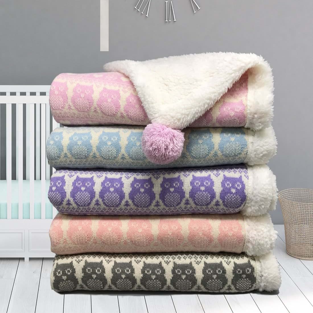 effe bebe Snow Owl Cotton Knit Sherpa Baby Blanket 30”x40” (Light Blue) (photo 2)