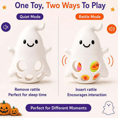 KKTU Baby's First Halloween Ghost Teether with Removable Rattle and Textured Silicone
