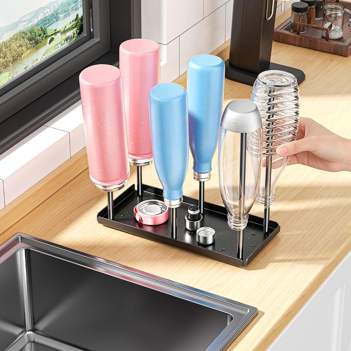 BabyOneStop Water Bottle Drying Rack with Drain Tray and 6 Pegs, Metal Tumbler Stand, Black