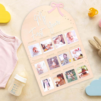 FLHRSM My First Year Photo Frame Board, 1st Birthday Girl Boy Gifts, Newborn Newmom Gift, 1 Year Old Girls Gifts, One