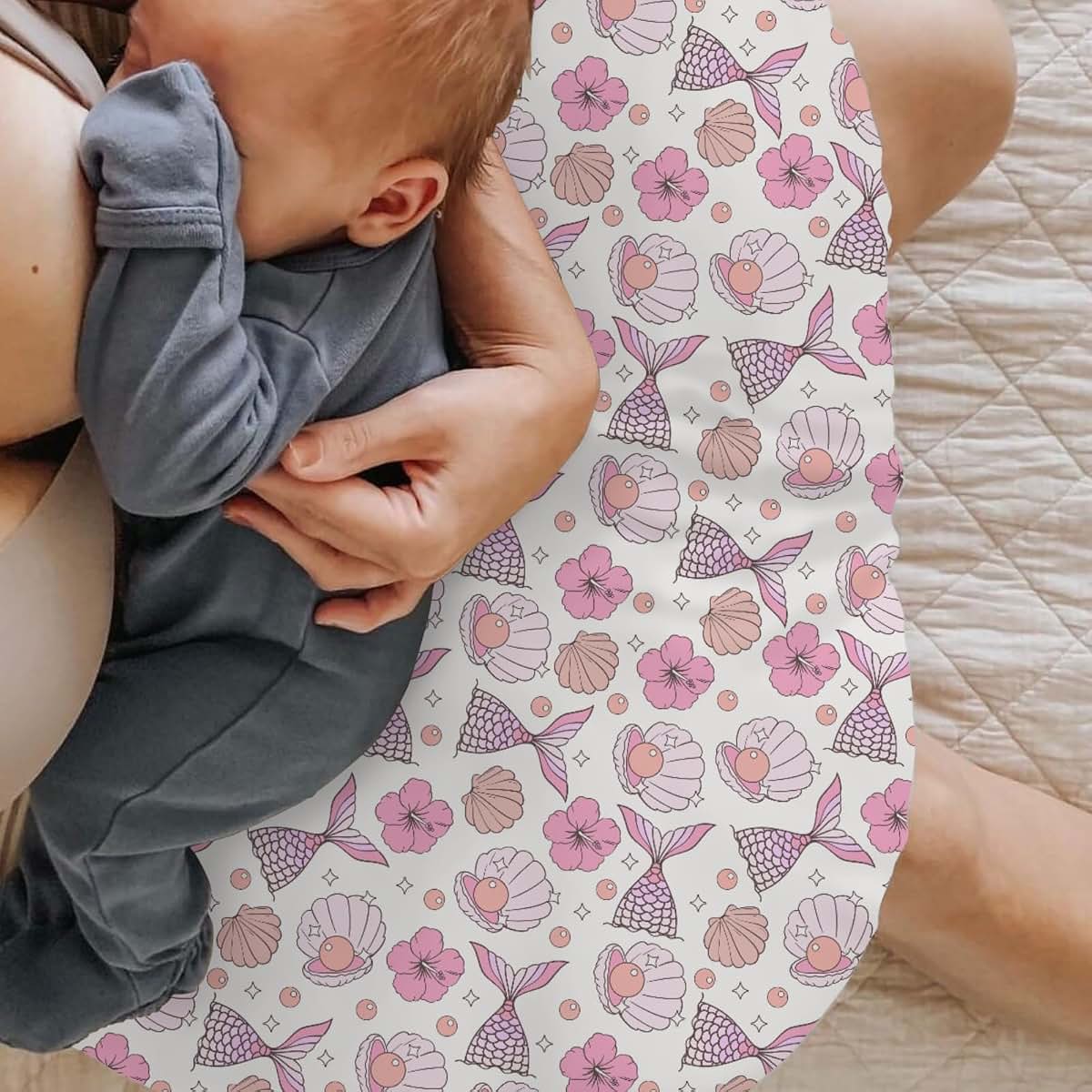 Selgkds Pink Summer Mermaids Seashells Floral Nursing Pillow Covers Boho Neutral Conch Pearls Soft Stretchy Nursing