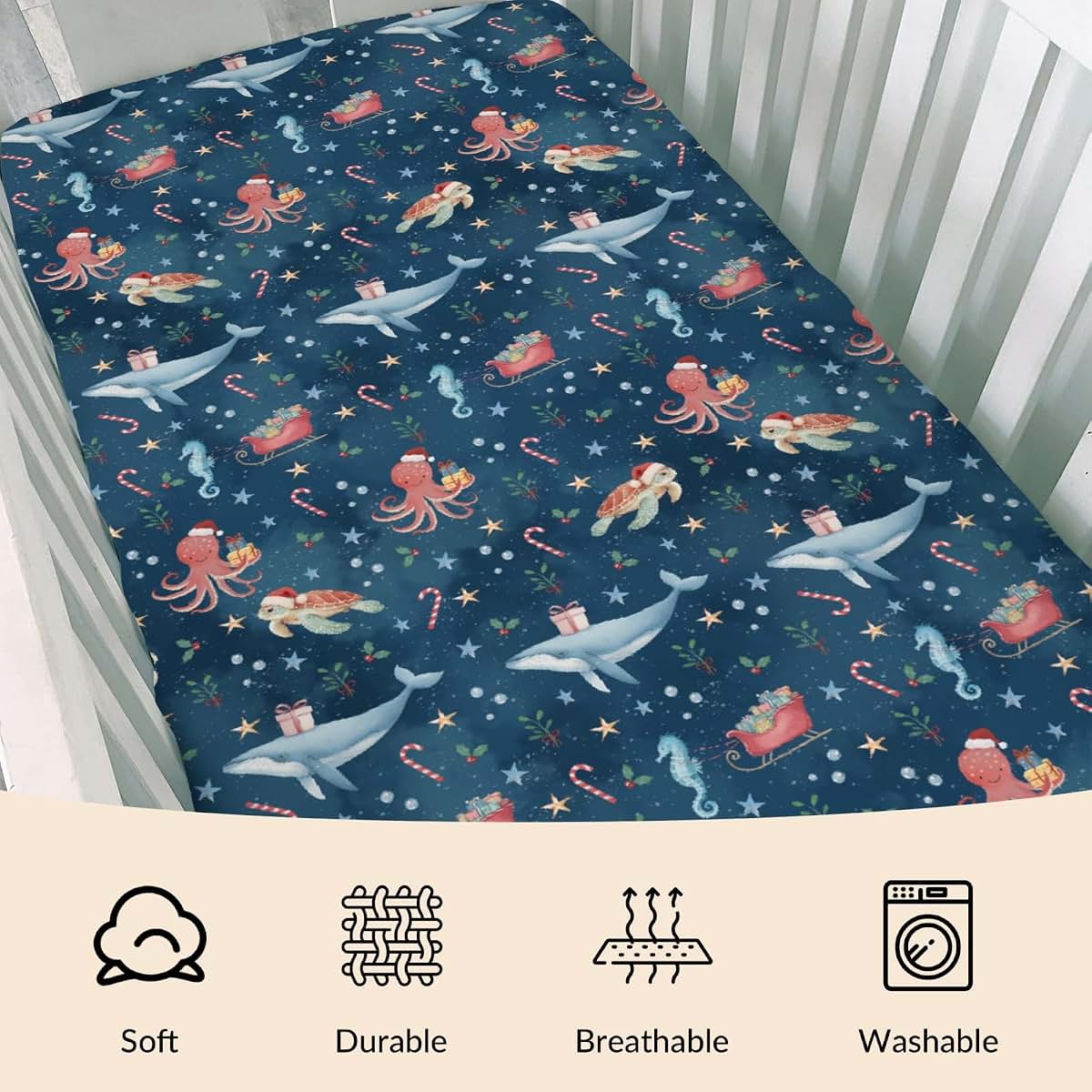 Cstdyfrv Christmas Sea Animals Baby Crib Sheets Coastal Whale Turtle Sea Horse Santa Hat Gifts Baby Sheet Winter (photo 3)