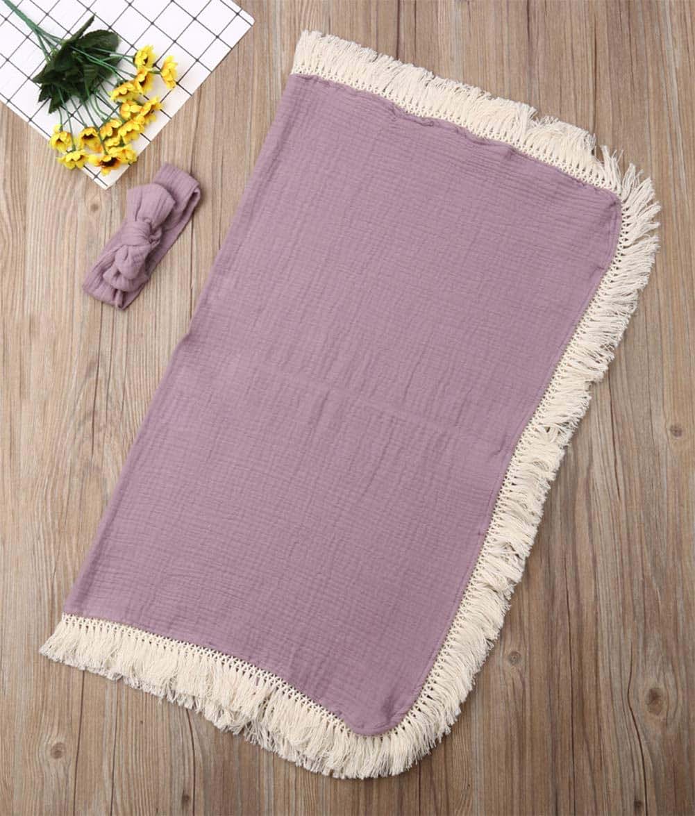 Stylesilove Newborn Baby Girl Cotton Muslin Swaddle Blanket with Tassel Design and Matching Headband, Lilac
