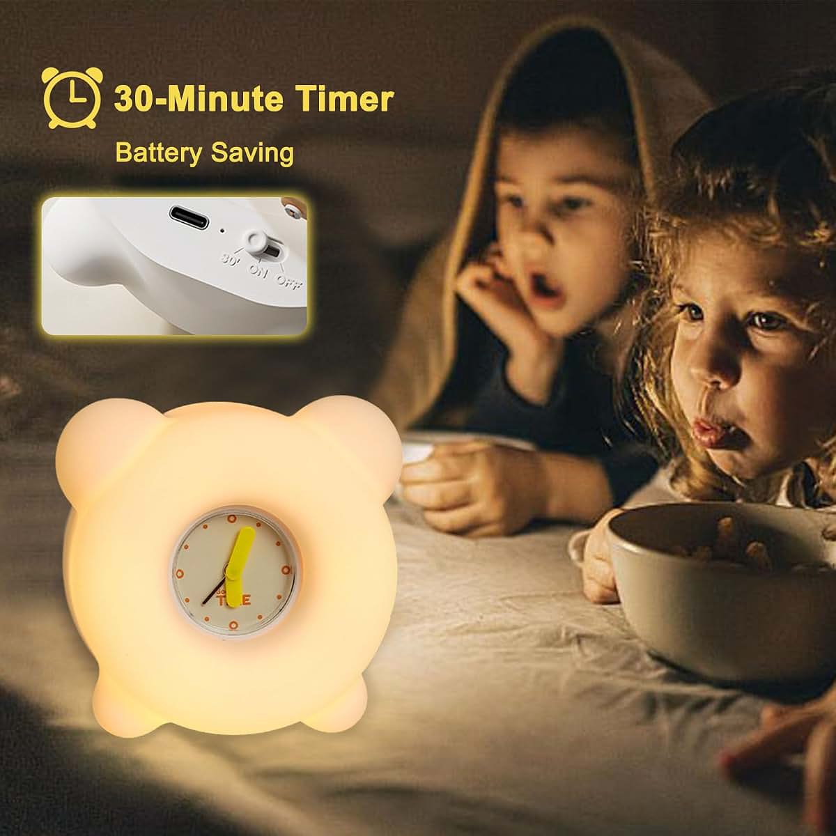 AVEKI Kids Night Light with Clock, Silicone Bear Lamp, 30-Min Timer, 3-Level Dimmable, Rechargeable Bedside Touch Lamp