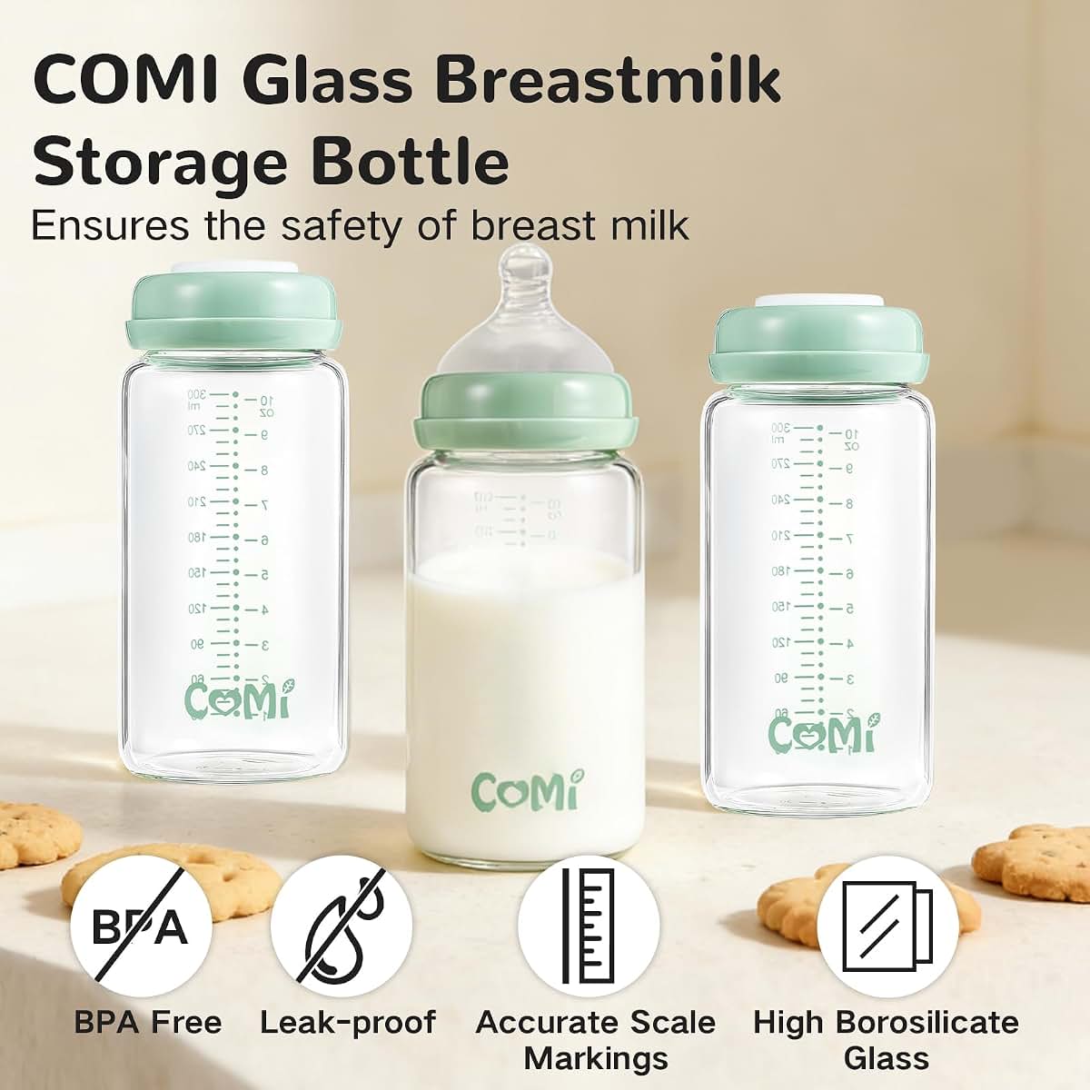 COMI Wide Neck Glass Breastmilk Collection n Storage Bottle, 4 Packs,10oz with Screw Ring Sealing Disk,Re-markable (photo 3)