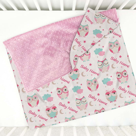 Gifts Everywhere Personalized Owl Pink Baby Blankets for Girls Kids, Custom Soft Minky Clouds Blankets with Name - Soft