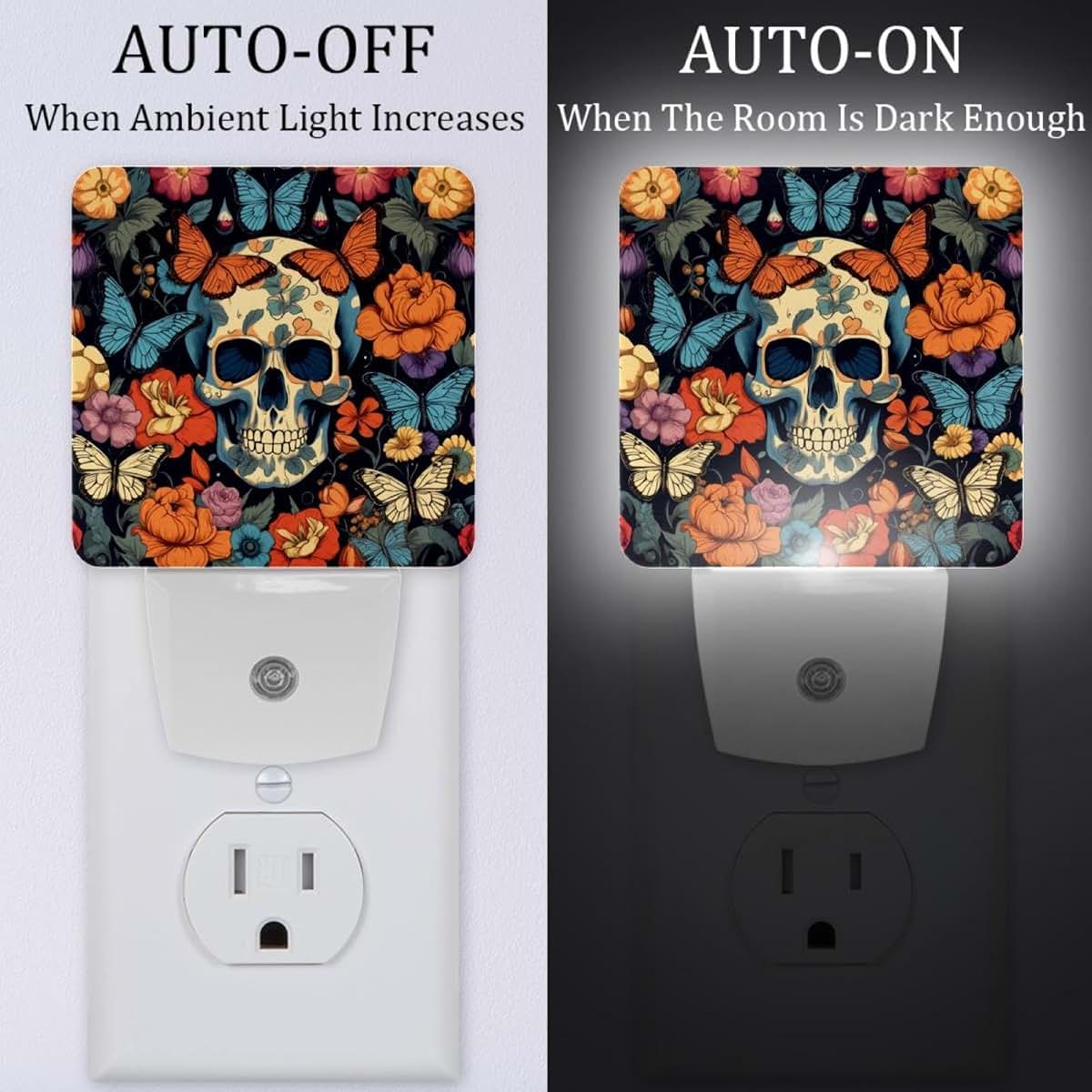 NEWzone Skull Flower Butterflies Night Light 2 Pack, Decorative Plug-in Light for Kids and Adults
