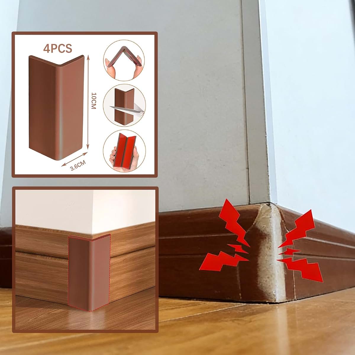 WSIWZAI Self Adhesive Baseboard Corner Blocks, Brown, 4 Pack