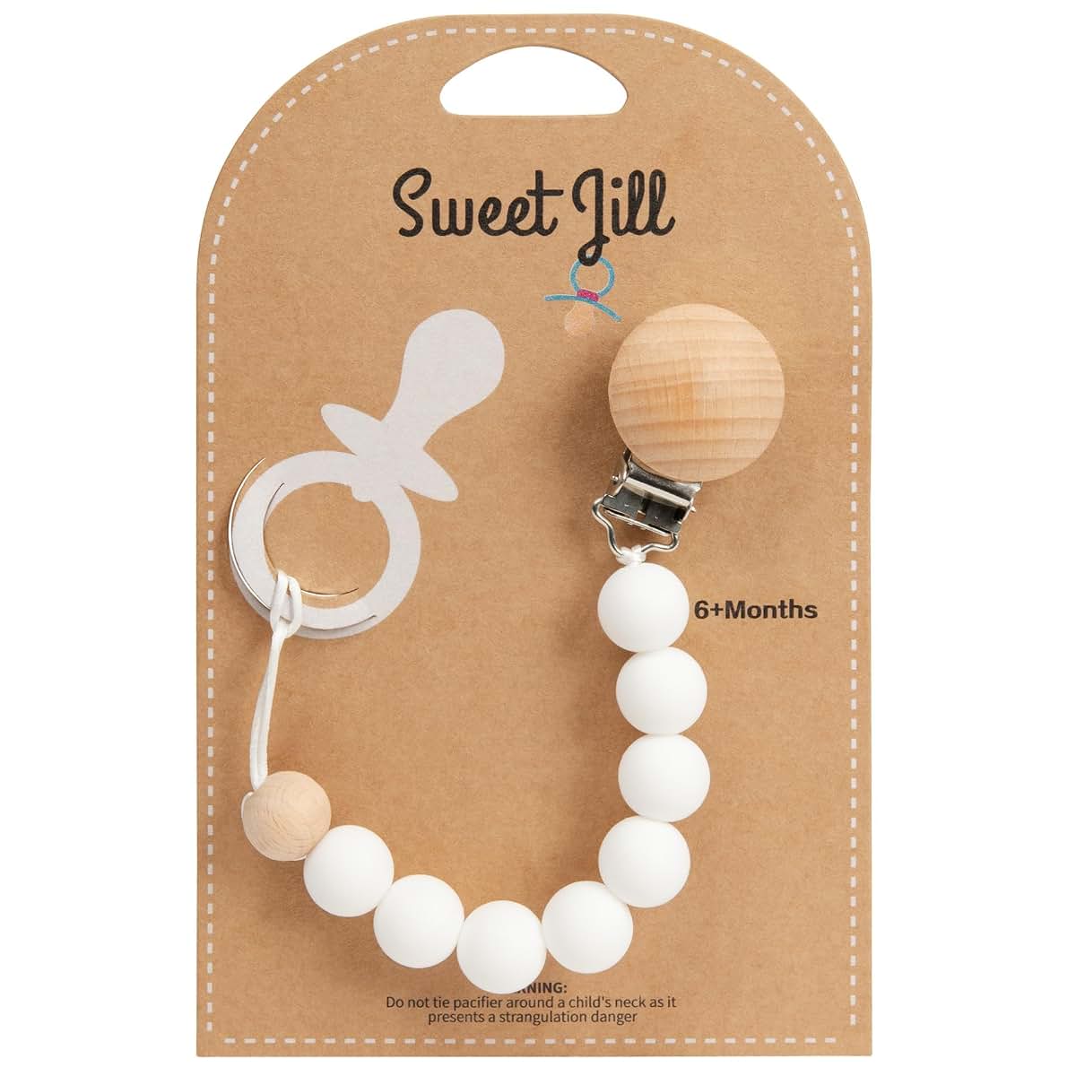 Sweet Jill White Pacifier Clip With Silicone Beads And Wood Clip
