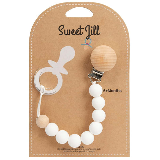Sweet Jill White Pacifier Clip With Silicone Beads And Wood Clip