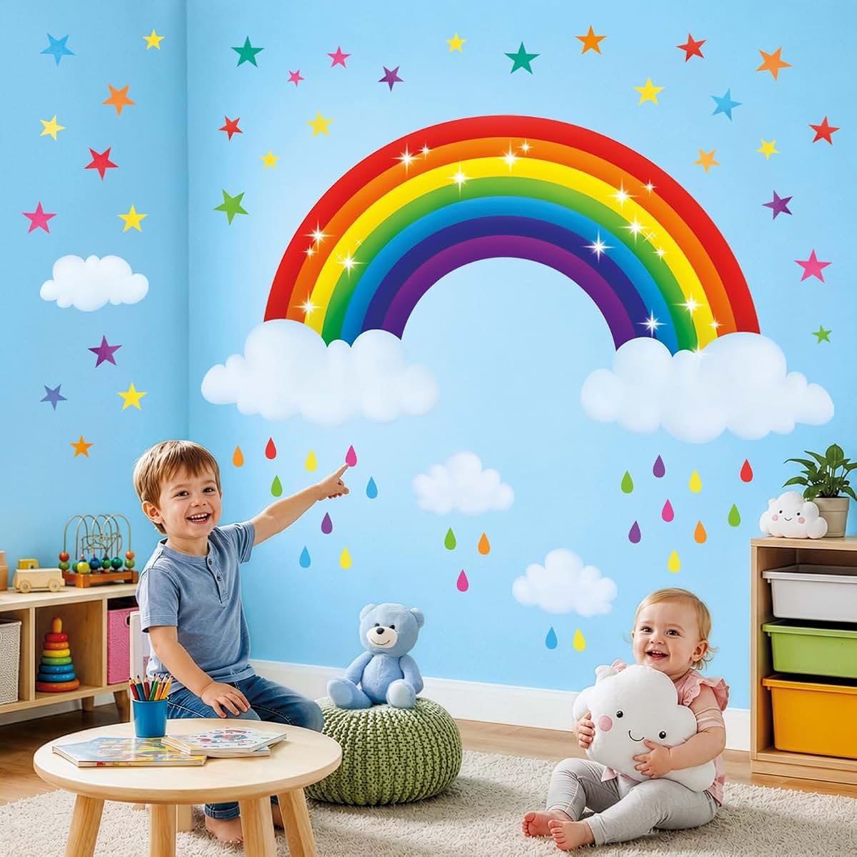 BASHOM DECOWALL Rainbow Wall Decals Stickers Clouds Stars Colorful Decor