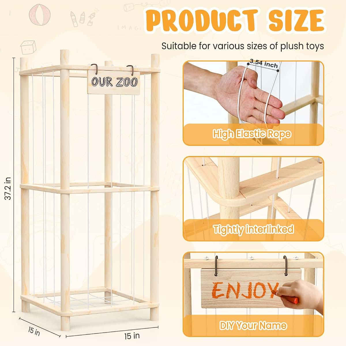 Woodure Stuffed Animal Storage & Organizer, Wooden Zoo Toy Holder for Kids