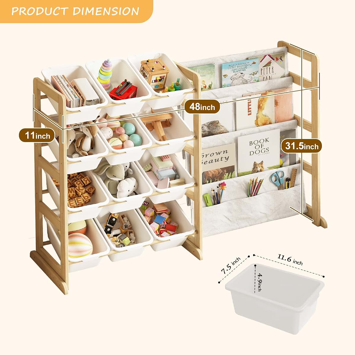 EXPERLAM Toy Storage Organizer with Bookshelf and 12 White Bins, Pine Wood