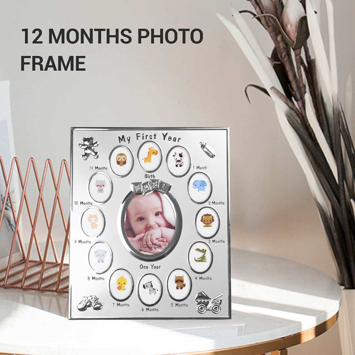Kqcibz My First Year Baby Photo Frame, Silver Rectangular 12-Month Picture Display (photo 3)